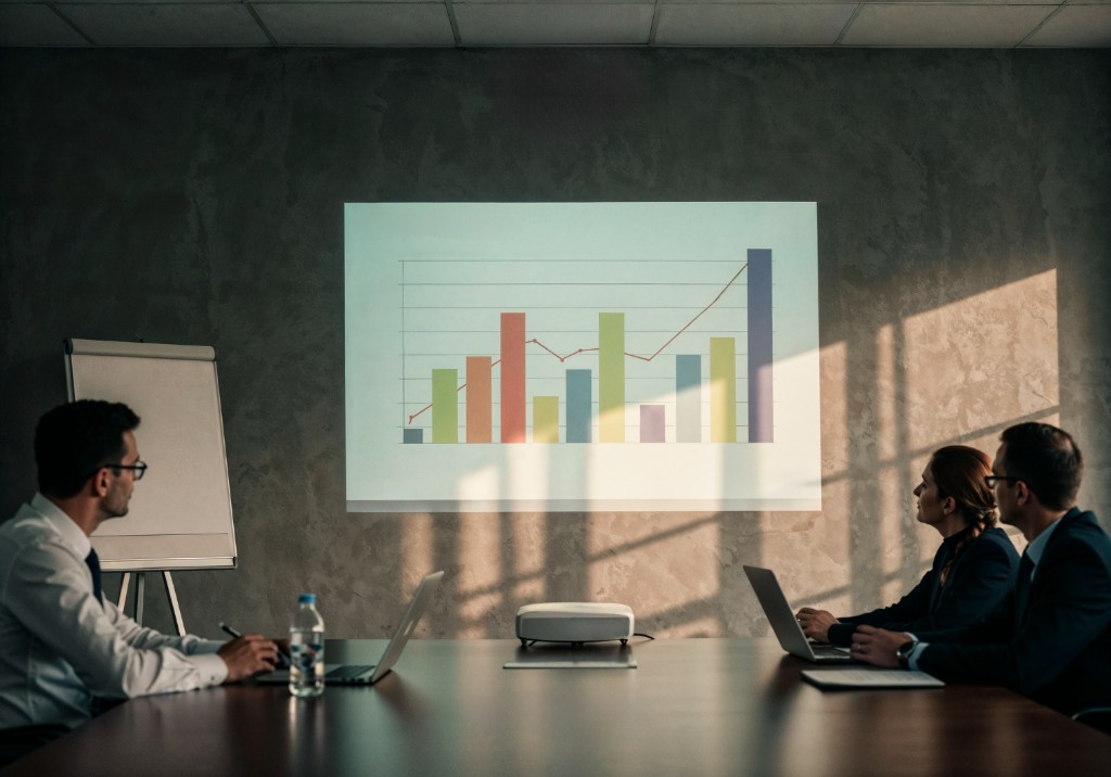 Executives in a modern boardroom reviewing a projected bar chart and growth line on a wall, laptops on a dark conference table